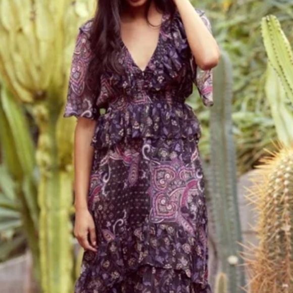 MISA Marni Printed Chiffon Midi Dress Size Small Black Boho Paisley - Picture 1 of 16